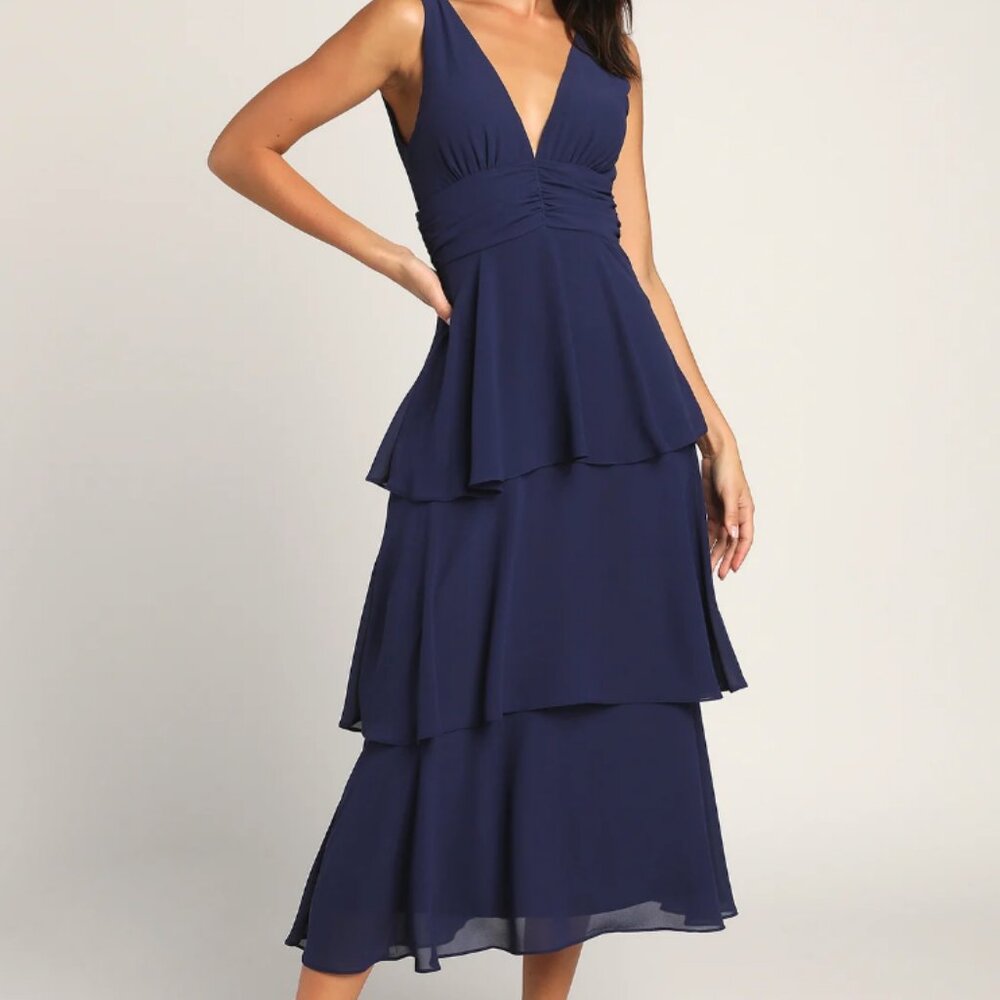 NWT Lulus Women’s Celebration Time Sleeveless Tiered Midi Dress Navy Blue Sz XL